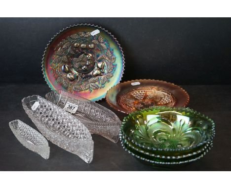Collection of Carnival Glass, to include 3 x scroll embossed green bowls (Imperial) approx. 8" wide, a Marigold three-footed 