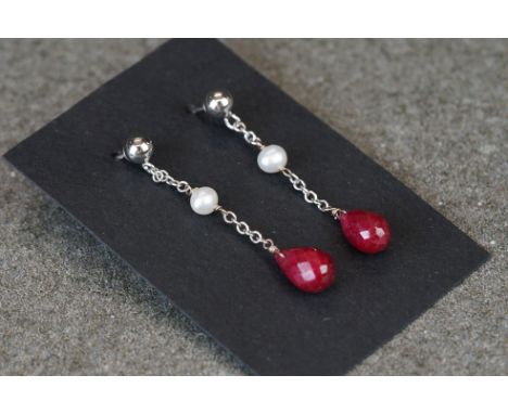 Pair of vintage white gold pearl &amp; ruby drop earrings 
