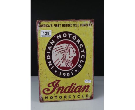A contemporary reproduction Metal advertising sign for ' Indian Motorcycle, America's First Motorcycle Company ' mounted on a