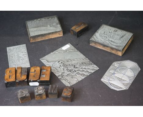 Group of vintage woodblock printing blocks, sculpture, scenic etc, contained in a box with German text 