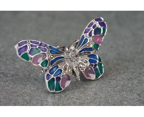 Unusual silver and enamel set butterfly ring 