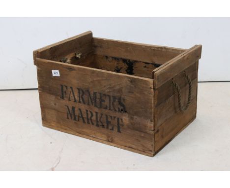 Vintage Pine Trug / Box marked Farmers Market to side with two rope handles, 59cms wide x 34cms high 