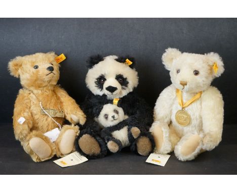 Three Steiff Teddy Bears including 660337 Anniversary 1902 - 2002 Bear, 660818 Cha Cha Panda Mother and Cub Bear and Millenni