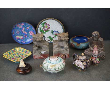 A group of oriental collectables to include cloisonné enamel and carved soapstone dogs of foo. 