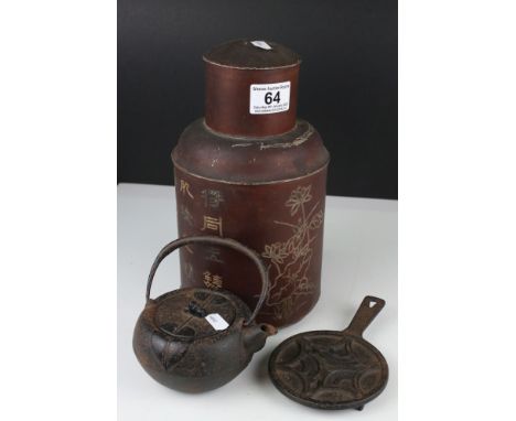 Chinese Metal Tea Caddy, 27cms high together with a Japanese Cast Iron Teapot on Stand 