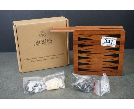 Wooden Boxed Jaques of London Travel Chess, Draughts and Backgammon Set, with outer retail cardboard box 