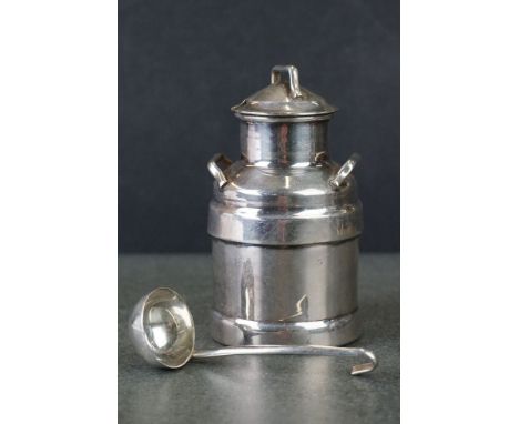 Silver Plated Preserve Pot in the form of a Milk Churn with Ladle Spoon, 11cms high 