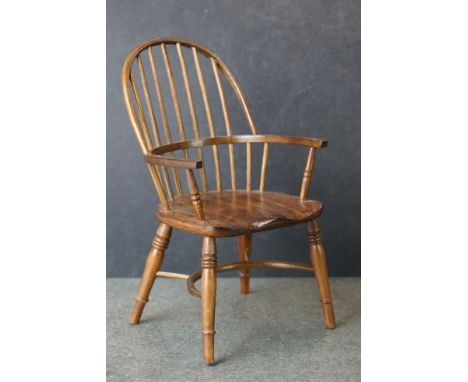 Hand Crafted  Miniature / Apprentice / Doll's Wooden Windsor Comb Back Elbow Chair with crinoline stretcher, initialled F.A.P