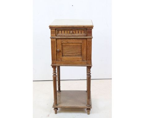 French Oak Pot Cupboard with white marble top, single drawer and shelf below, 37cms wide x 86cms high 