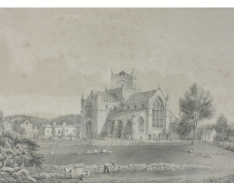 An engraving, after Greenwood, Cartmel Priory, C19th, 23 x 32cm, plus frame and glazed, a  print after Sharphouse, The Fish S