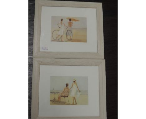 A pair of prints, after Dominguez, Seaside Stroll and View, 15 x 20cm, plus frame and glazed, and a print, river landscape, 2