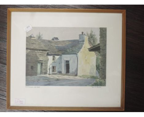A print, after Doris Blacker, Elterwater Old Hall, signed 20 x 25cm, plus frame and glazed, and three prints, after William H