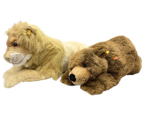 Two large modern Steiff wild animals - recumbent lion No.0370/70. L108cm including tail; and recumbent grizzly bear No.069963