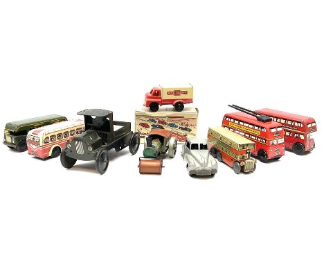 Wells Brimtoy/Pocketoy - eight tin-plate/clockwork or friction-drive vehicles comprising London Trolley Bus, two Double Decke