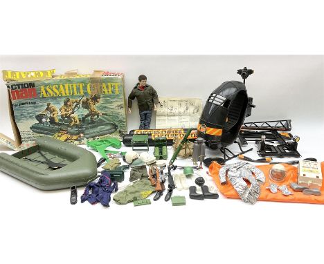 Action Man - one figure, boxed Assault Craft, dismantelled  Capture Copter, two bags of equipment and accessories etc