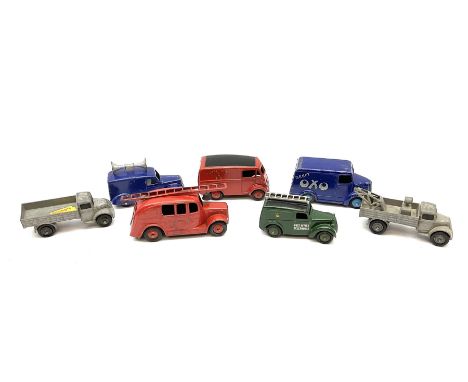 Dinky - seven unboxed and playworn early commercial vehicles comprising Streamlined Fire Engine, Loudspeaker Van, Trojan Oxo 