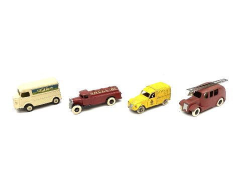 Dinky - four unboxed and playworn die-cast commercial vehicles comprising early Type 2 Petrol Tank Wagon 'Shell-BP' No.25d wi