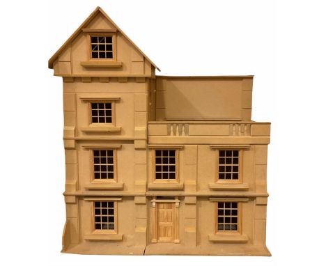 Georgian style wooden four-storey dolls house, part constructed for completion, the double hinged front opening to reveal a c