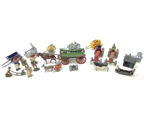 Lead figures - pre-war Charbens goat cart with girl; Timpo ploughman; Timpo cow; Salco Dray Carts; see-saw boat with boy and 