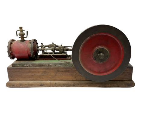 Large stationary live-steam model of a beam engine with 19.5cm fly wheel, on wooden base L47.5cm