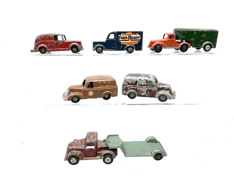 Timpo Toys - six unboxed and playworn die-cast commercial vehicles comprising Ever Ready van; friction-drive GWR Parcel Traff