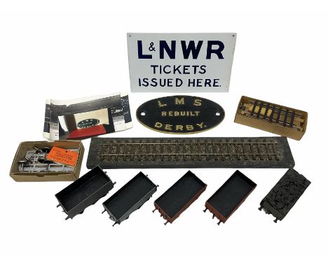 '0' gauge - five scratch-built open wagons; two part assembled carriage truck kits; cast brass 'LMS Rebuilt DERBY' oval sign;