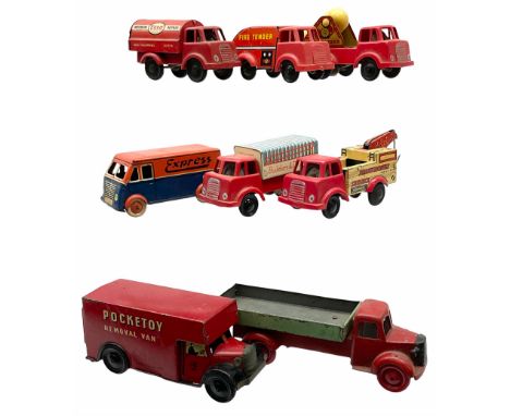 Wells Brimtoy/Pocketoy - nine tin-plate and plastic clockwork or friction-drive vehicles comprising saloon car, Regent Tanker