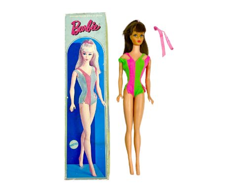 Mattel Standard Barbie Doll Model 1190, dark brown hair with original swimsuit; Issue dates 1967-1969, marked Midge 1962 Barb