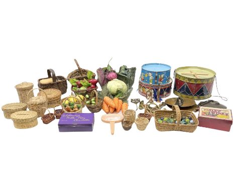 Vintage musical toys including three tin-plate drums by Chad Valley etc; two sets of cymbals; five miniature brass/copper bug