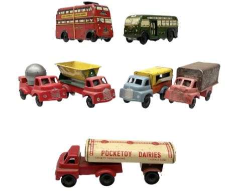 Wells Brimtoy/Pocketoy - seven tin-plate and plastic clockwork or friction-drive  vehicles comprising Milk Tanker, Greenline 