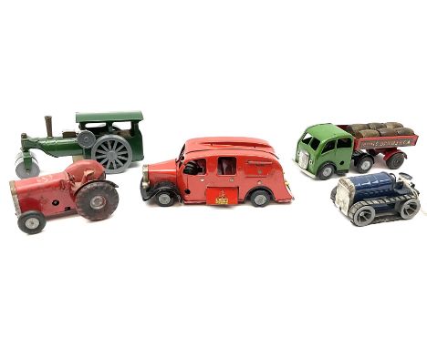 Five Tri-ang Minic tin-plate clockwork vehicles comprising Steam Roller, Minic Brewery Dray wagon with six barrels, incomplet