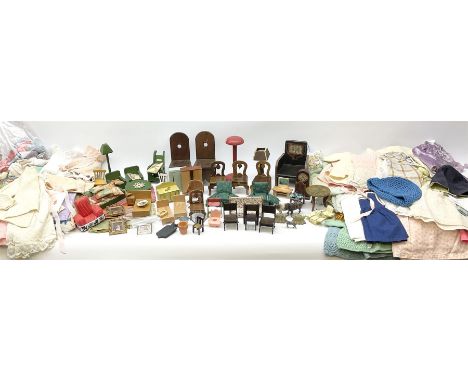 Quantity of predominantly wooden vintage dolls house furniture and accessories, various scales, including dining, lounge and 