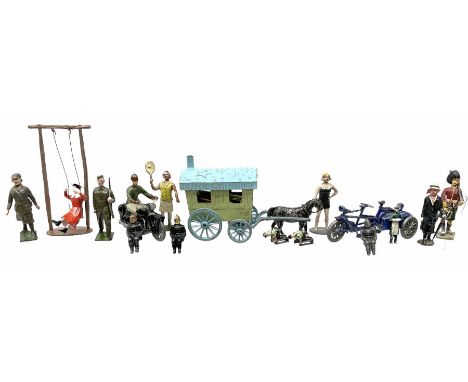 Selco Services gypsy caravan with horse, figure and steps; die-cast tandem combination; motorcycle with rider; die-cast girl-