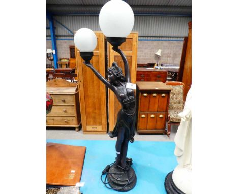 A reproduction Art Deco style figural table lamp with large and small white glass shades