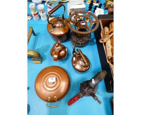 Copper kettles x 2, copper bed warmer and jug, brass blow lamp, Primus stove and brass aeroplane