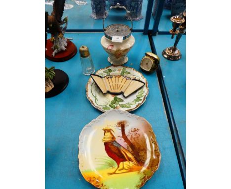 6 Decorated plates, a set of enamel cockerel cocktail sticks, sugar caster and an alarm clock