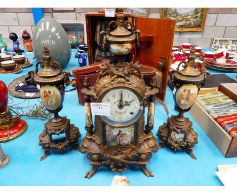 A Continental late 19th Century 3 piece gilt metal and ceramic Clock Garniture with porcelain panels