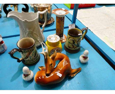 Eight items of collectable ceramics including Royal Dux Stag, Stoneware tankards, Goebel Klimt Vase, parian Portmerion jug et