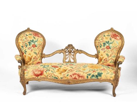 A Victorian double chair back settee, 183cm high and a similar chair in matching upholsteryAll over good condition. Late Vict