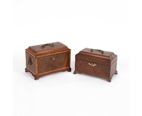 A George III mahogany and satinwood banded tea caddy, the hinged caddy moulded lid above an ivory inset escutcheon, on bracke