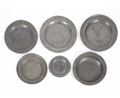 A pewter single-reeded charger, Samuel Duncombe, circa 1790, 42cm diameter, another pewter charger, circa 1800, with rubbed t