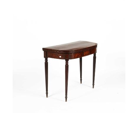 A Regency mahogany D-shape foldover card table, on reeded legs, 93cm wide, 74cm highAll over good condition. Structurally sou