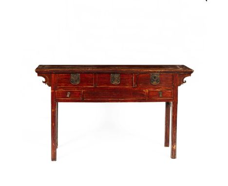 A Chinese lacquered sideboard, 20th Century, with an arrangement of five drawers on straight supports, 140cm wide, 37.5cm dee
