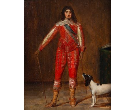 After Jan van BelcampPortrait of Louis XIII of France, full length, a dog by his sideoil on oak panel26cm x 20.5cm  Retouchin