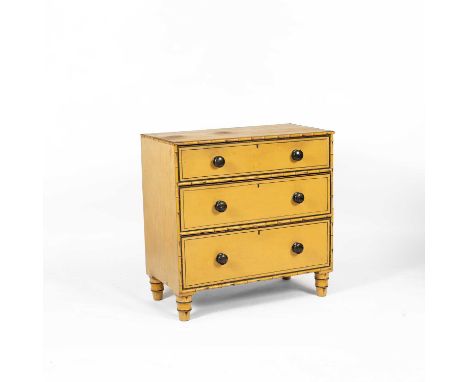 A Regency yellow painted chest of drawers, the rectangular top with simulated bamboo edging above three graduated drawers, ea