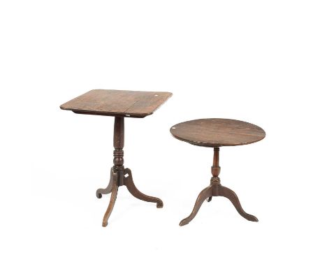 A George III provincial oak tilt-top occasional table the rectangular top with rounded corners above a turned column and down