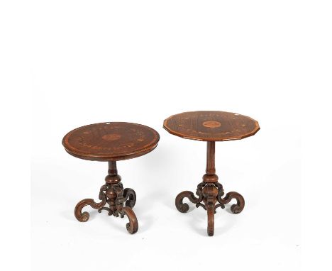 Two similar Victorian marquetry inlaid tripod tables, one with a polygonal top, 52cm diameter, the other with a circular top 