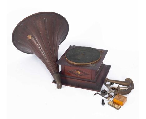 A 'His Masters Voice' for The Gramophone Company Ltd., gramophone,  22", with oak varnished horn, the base 36cm wide, 20cm hi