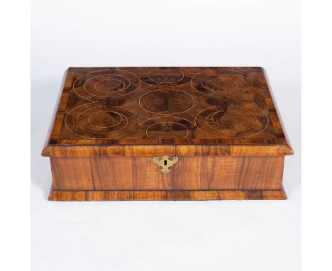 A Charles II style oyster veneered lace box, with boxwood inlays to the hinged cover, velvet lining, alterations, 43cm wide, 