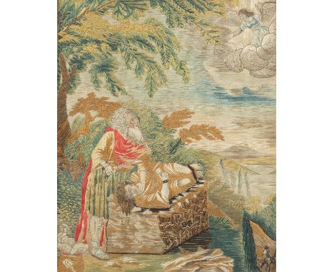A religious silk work picture, 19th Century, depicting Abraham being stopped by the Angel of God from sacrificing Isaac, 30cm